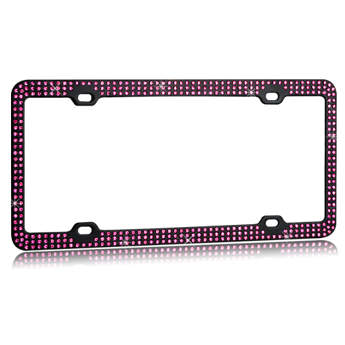 Black Metal License Plate Frame with Triple Row Pink Crystals